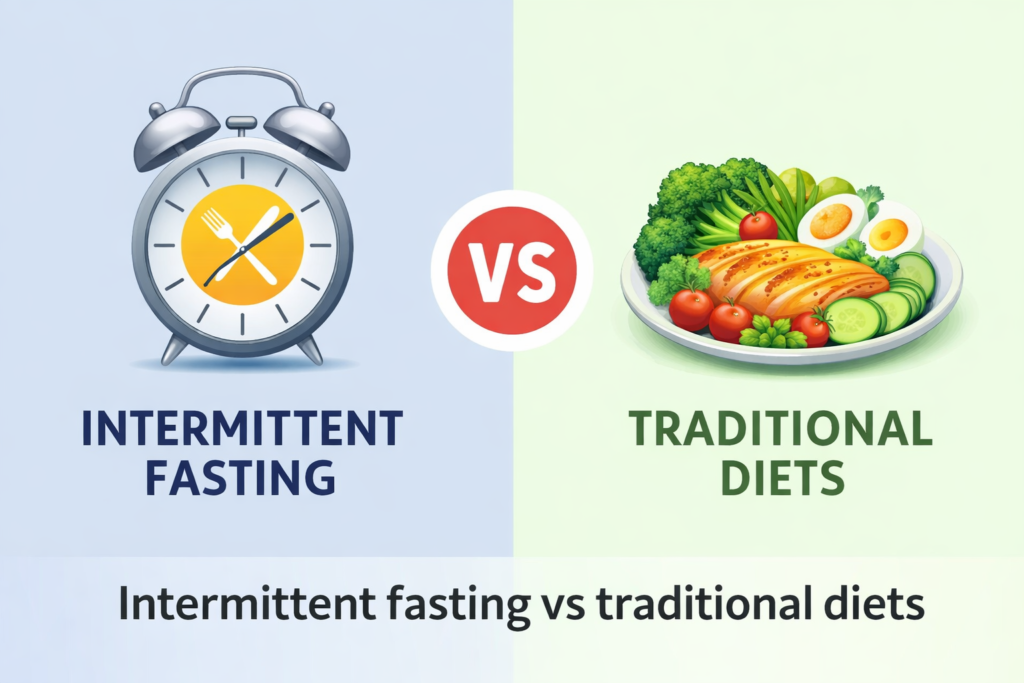 Intermittent fasting vs traditional diets comparison showing fasting clock and healthy meal plate