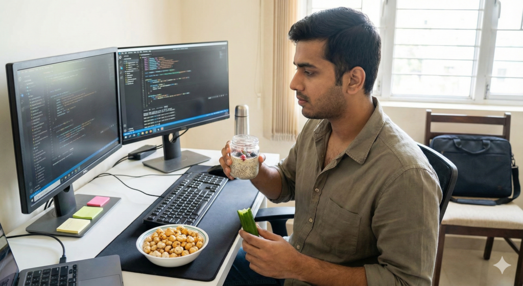 Indian vegetarian diet plan for busy IT professionals featuring healthy snacks like makhana and oats at a developer desk